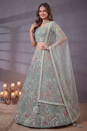 Notable Sky Blue Floral Embroidery Net Wedding Wear Lehenga With Blouse