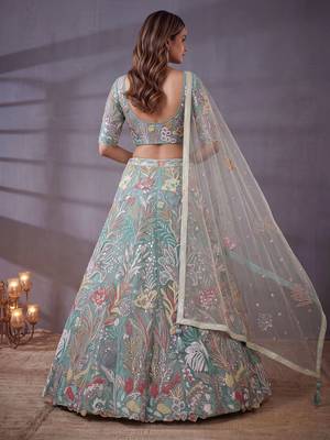 Notable Sky Blue Floral Embroidery Net Wedding Wear Lehenga With Blouse 4