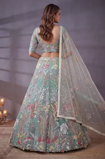 Notable Sky Blue Floral Embroidery Net Wedding Wear Lehenga With Blouse