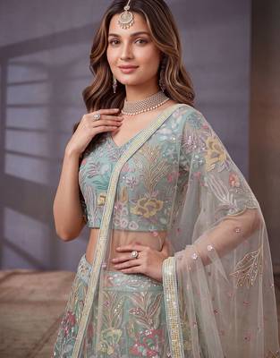 Notable Sky Blue Floral Embroidery Net Wedding Wear Lehenga With Blouse 5