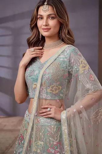Notable Sky Blue Floral Embroidery Net Wedding Wear Lehenga With Blouse