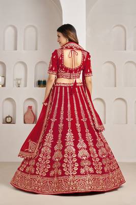 Red Designer Embroidery With Hand Work Silk Blend Semi Stitched Lehenga Set 5