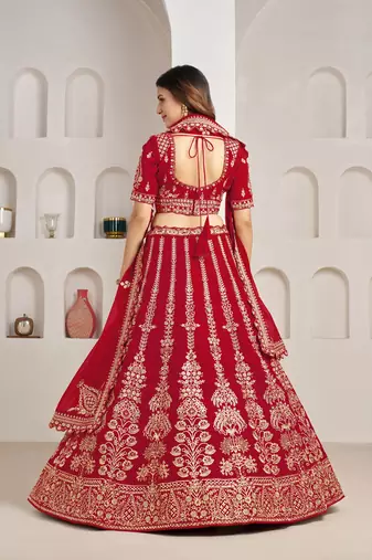 Red Designer Embroidery With Hand Work Silk Blend Semi Stitched Lehenga Set