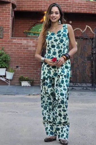 Printed cotton kurti with farshi salwar