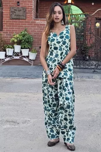 Printed cotton kurti with farshi salwar