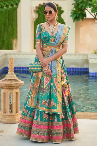 Turquoise Print Stones & Sequins Na Semi Stitched Lehenga Set