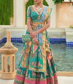 Turquoise Print Stones & Sequins Na Semi Stitched Lehenga Set