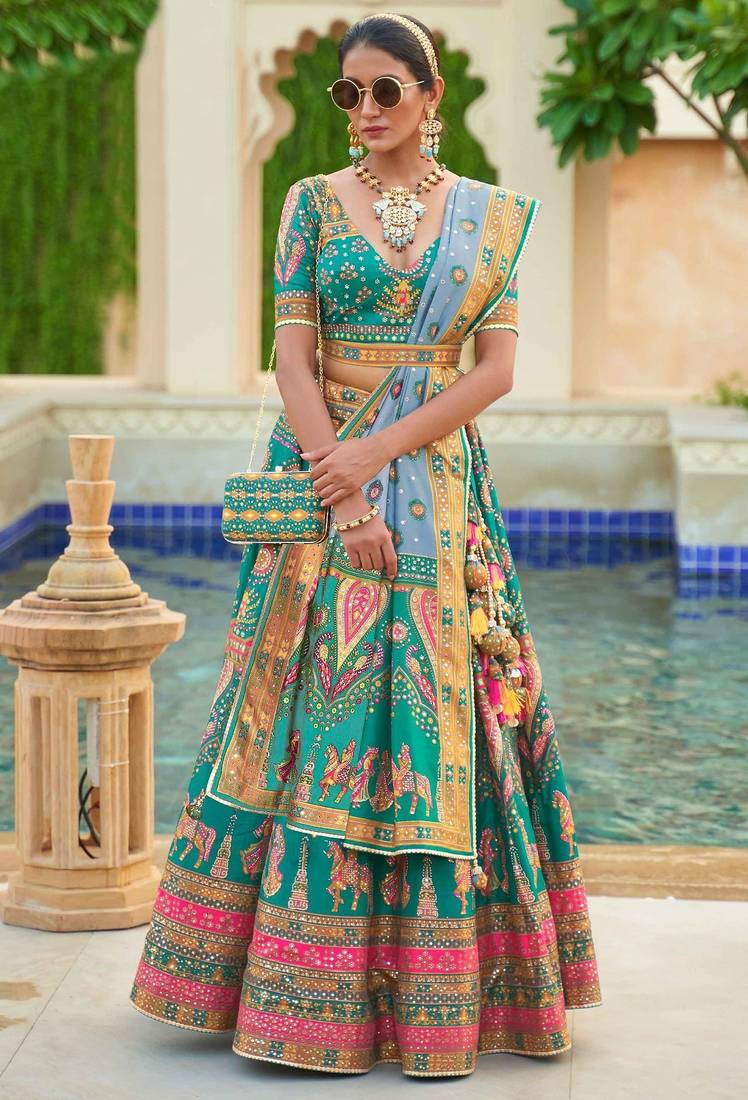 Turquoise Print Stones & Sequins Na Semi Stitched Lehenga Set
