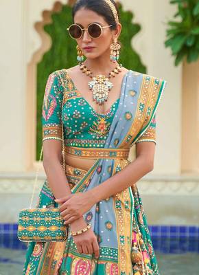 Turquoise Print Stones & Sequins Na Semi Stitched Lehenga Set 2