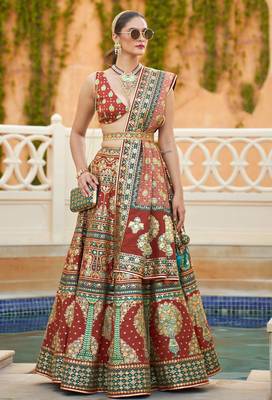 Brown Print Stones & Sequins Na Semi Stitched Lehenga Set 1