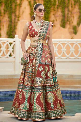 Brown Print Stones & Sequins Na Semi Stitched Lehenga Set