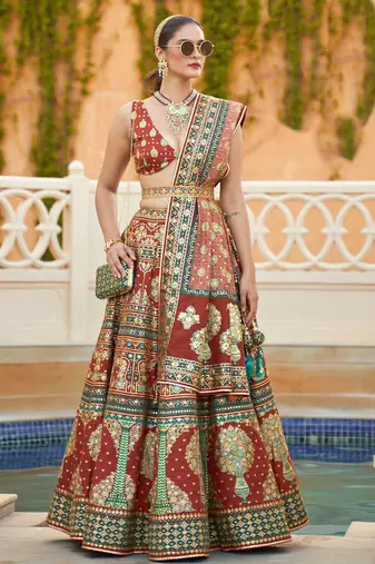 Brown Print Stones & Sequins Na Semi Stitched Lehenga Set