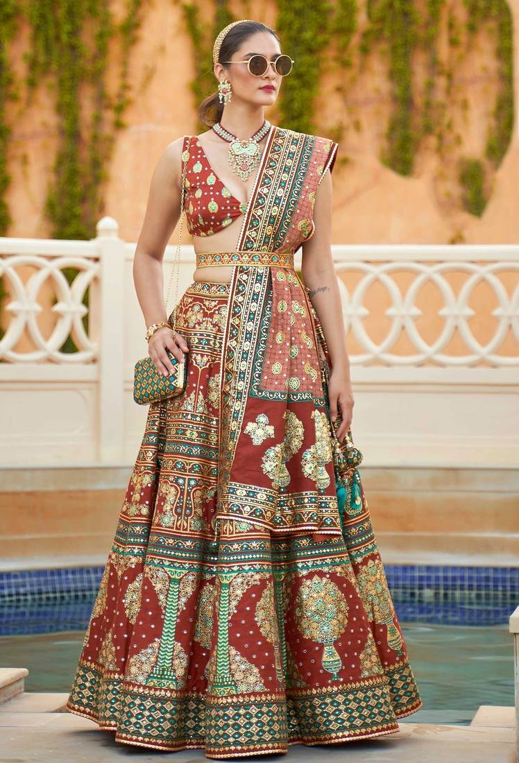 Brown Print Stones & Sequins Na Semi Stitched Lehenga Set