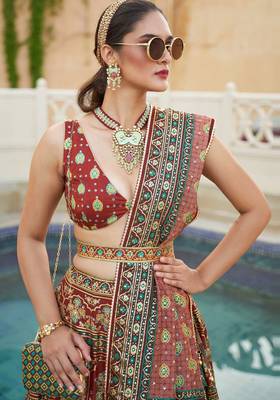 Brown Print Stones & Sequins Na Semi Stitched Lehenga Set 2