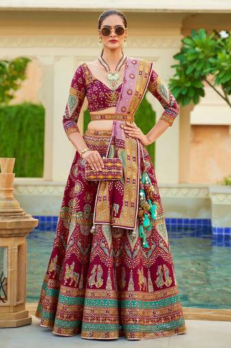 Wine Print Stones & Sequins Na Semi Stitched Lehenga Set