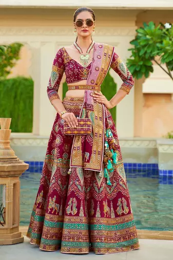 Wine Print Stones & Sequins Na Semi Stitched Lehenga Set