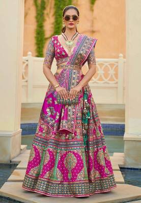 Pink Print Stones & Sequins Na Semi Stitched Lehenga Set 1