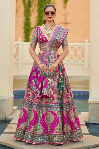 Pink Print Stones & Sequins Na Semi Stitched Lehenga Set