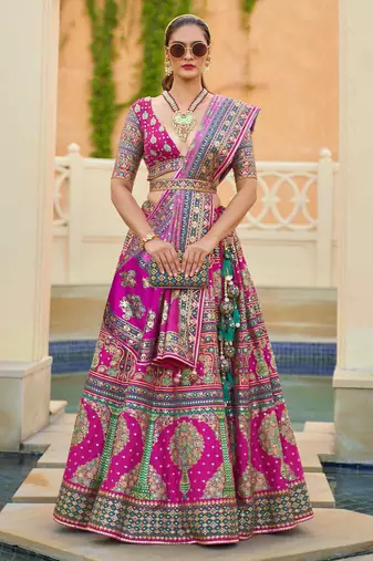 Pink Print Stones & Sequins Na Semi Stitched Lehenga Set