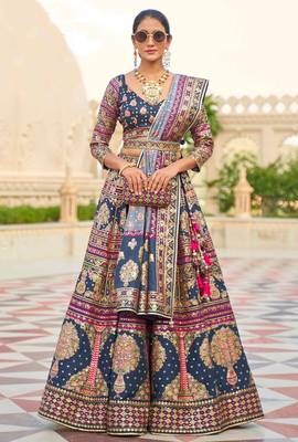 Blue Print Stones & Sequins Na Semi Stitched Lehenga Set 1