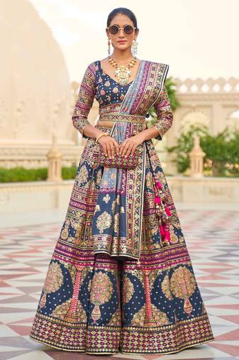 Blue Print Stones & Sequins Na Semi Stitched Lehenga Set