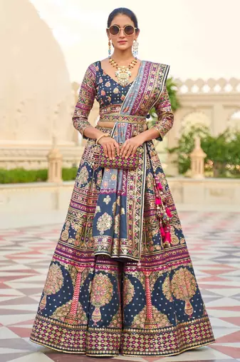 Blue Print Stones & Sequins Na Semi Stitched Lehenga Set