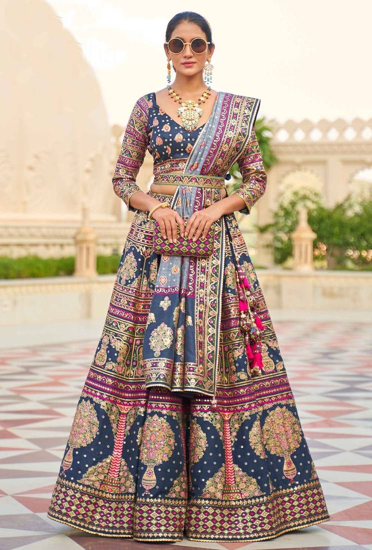 Blue Print Stones & Sequins Na Semi Stitched Lehenga Set