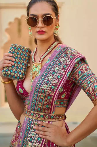 Pink Print Stones & Sequins Na Semi Stitched Lehenga Set