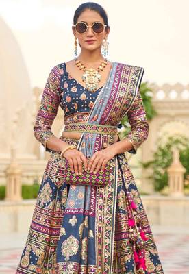Blue Print Stones & Sequins Na Semi Stitched Lehenga Set 2