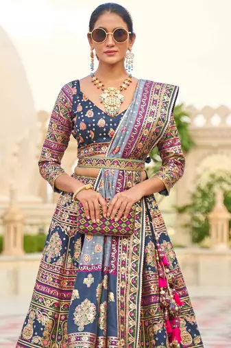 Blue Print Stones & Sequins Na Semi Stitched Lehenga Set
