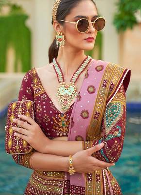 Wine Print Stones & Sequins Na Semi Stitched Lehenga Set 2
