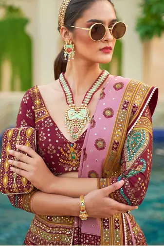 Wine Print Stones & Sequins Na Semi Stitched Lehenga Set