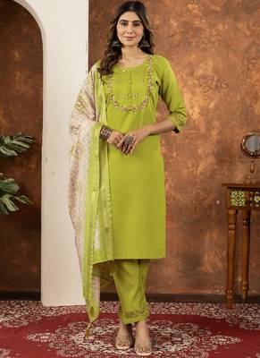 Parrot green marina silk kurti pant dupatta set 1