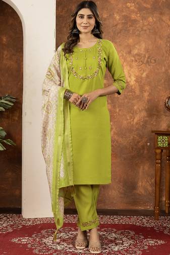 Parrot green marina silk kurti pant dupatta set