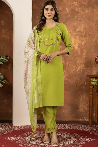 Parrot green marina silk kurti pant dupatta set