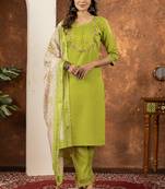 Parrot green marina silk kurti pant dupatta set