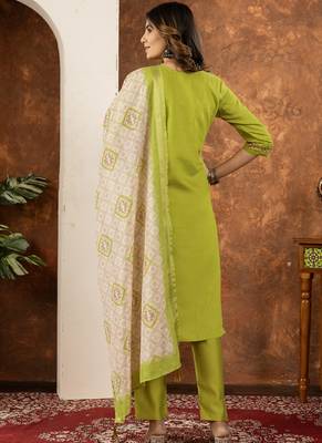 Parrot green marina silk kurti pant dupatta set 2