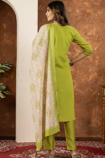 Parrot green marina silk kurti pant dupatta set
