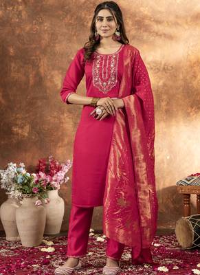 Pink marina silk kurti pant dupatta set 1