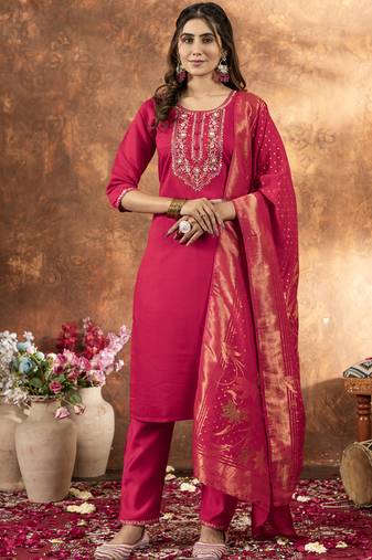 Pink marina silk kurti pant dupatta set