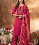 Pink marina silk kurti pant dupatta set