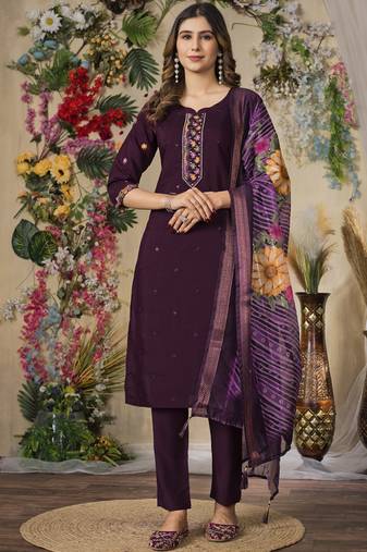 Wine roman silk kurti pant dupatta set