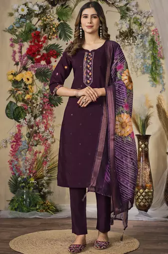 Wine roman silk kurti pant dupatta set