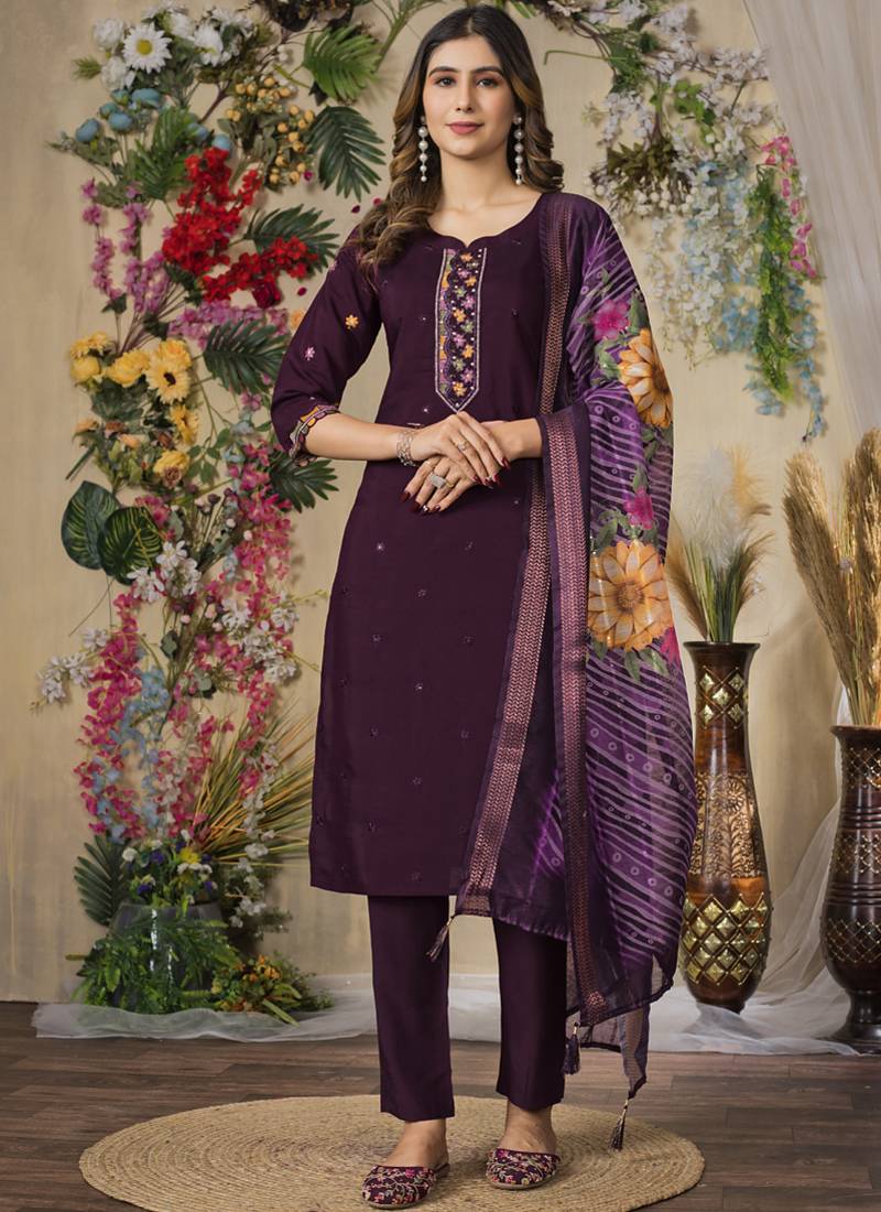 Wine roman silk kurti pant dupatta set