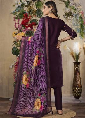 Wine roman silk kurti pant dupatta set 2