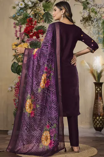 Wine roman silk kurti pant dupatta set