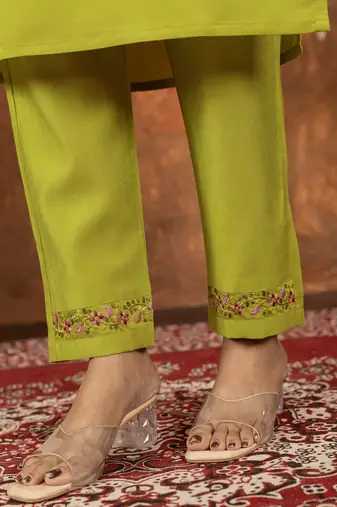 Parrot green marina silk kurti pant dupatta set