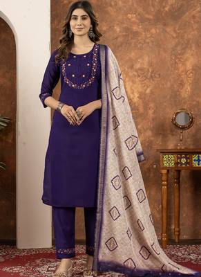 Purple marina silk kurti pant dupatta set 1
