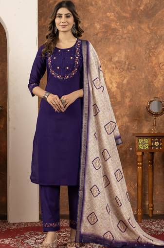Purple marina silk kurti pant dupatta set