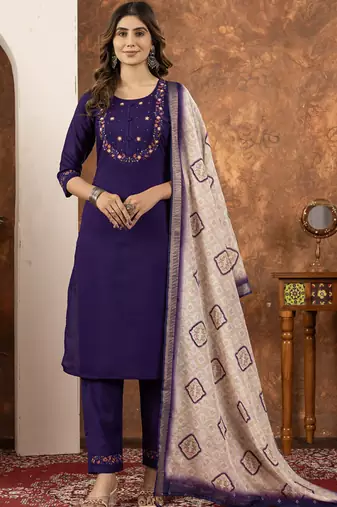 Purple marina silk kurti pant dupatta set
